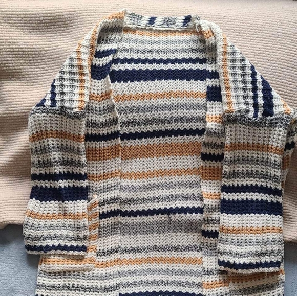 Knit cardigan, stripped white, yellow, grey and navy blue - Picture 1 of 2
